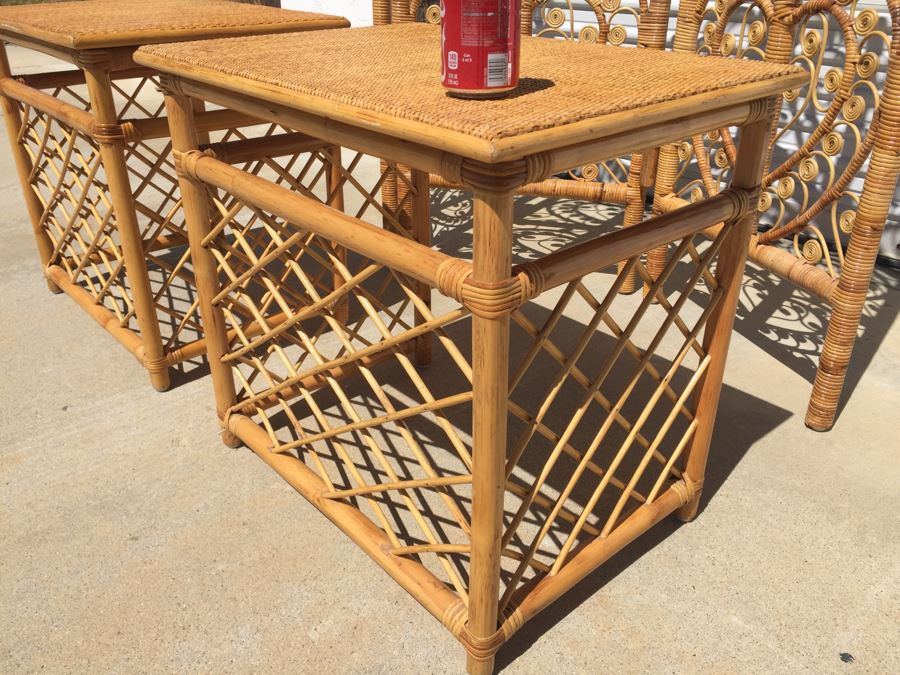 Pair Of Wicker Bamboo End Tables And 3-Panel Screen Divider [Photo 3]