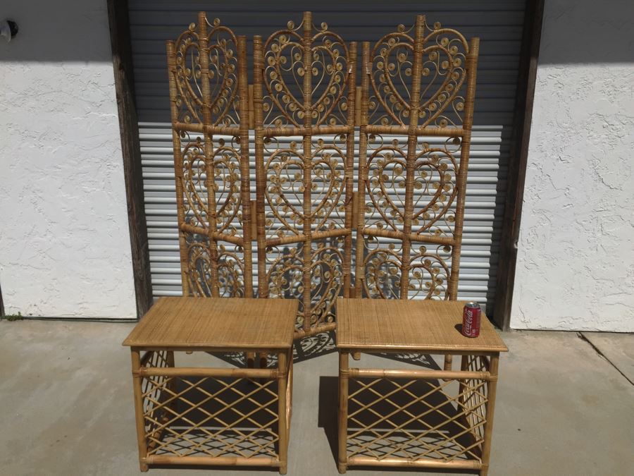 Pair Of Wicker Bamboo End Tables And 3-Panel Screen Divider [Photo 4]
