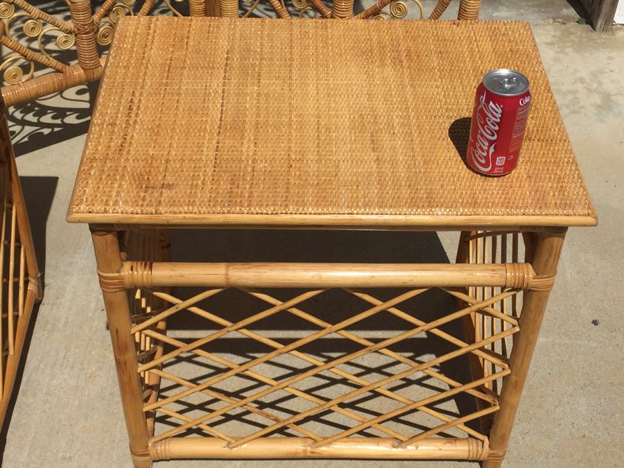 Pair Of Wicker Bamboo End Tables And 3-Panel Screen Divider [Photo 6]