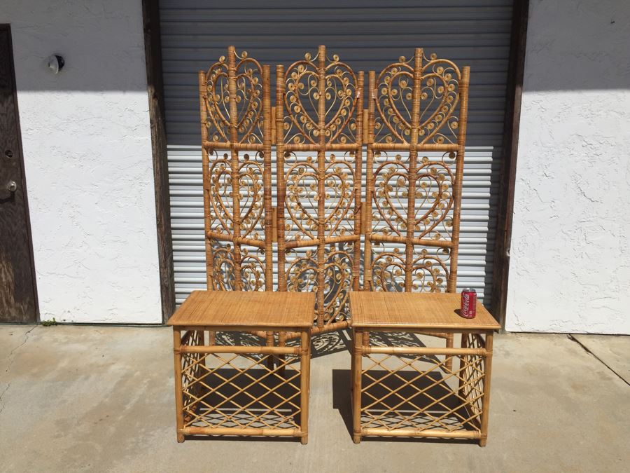 Pair Of Wicker Bamboo End Tables And 3-Panel Screen Divider