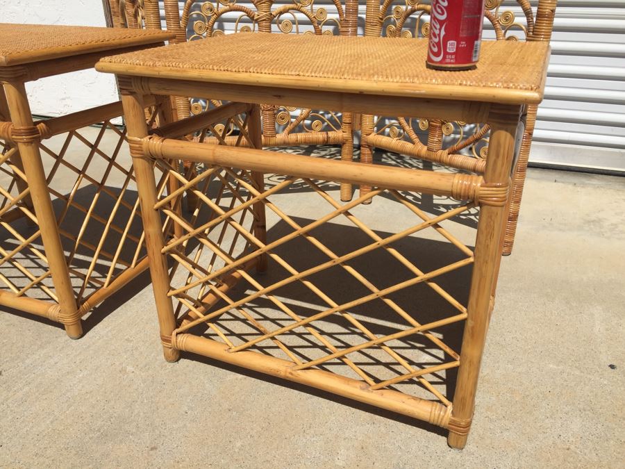 Pair Of Wicker Bamboo End Tables And 3-Panel Screen Divider [Photo 5]