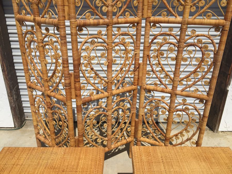 Pair Of Wicker Bamboo End Tables And 3-Panel Screen Divider [Photo 12]