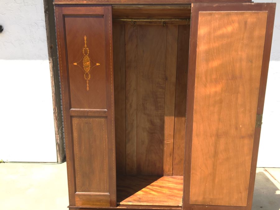 Stunning Antique Armoire Closet With Drawer And Nice Inlay Work Througout Beveled Oval Mirror [Photo 29]