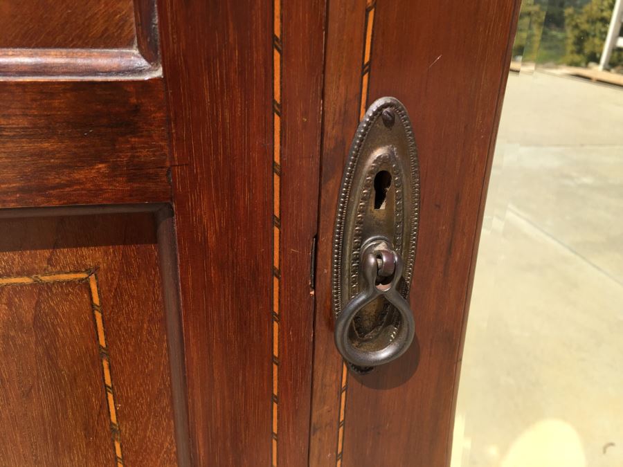 Stunning Antique Armoire Closet With Drawer And Nice Inlay Work Througout Beveled Oval Mirror [Photo 11]