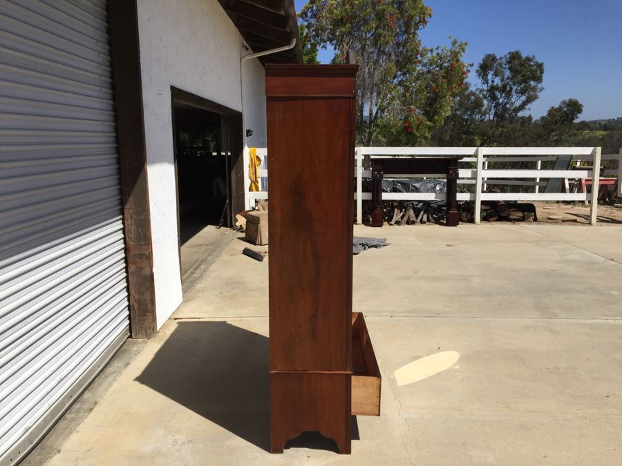Stunning Antique Armoire Closet With Drawer And Nice Inlay Work Througout Beveled Oval Mirror [Photo 22]