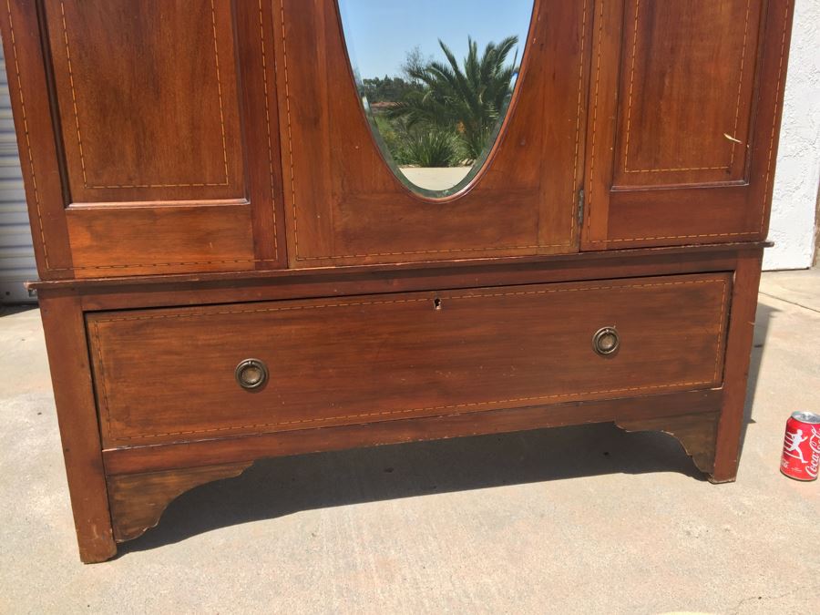 Stunning Antique Armoire Closet With Drawer And Nice Inlay Work Througout Beveled Oval Mirror [Photo 14]
