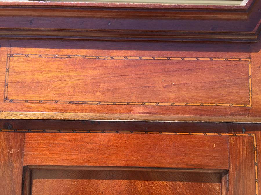 Stunning Antique Armoire Closet With Drawer And Nice Inlay Work Througout Beveled Oval Mirror [Photo 8]
