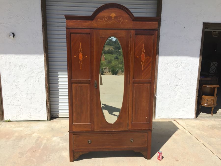 Stunning Antique Armoire Closet With Drawer And Nice Inlay Work Througout Beveled Oval Mirror [Photo 5]