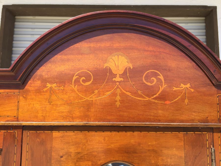 Stunning Antique Armoire Closet With Drawer And Nice Inlay Work Througout Beveled Oval Mirror [Photo 3]
