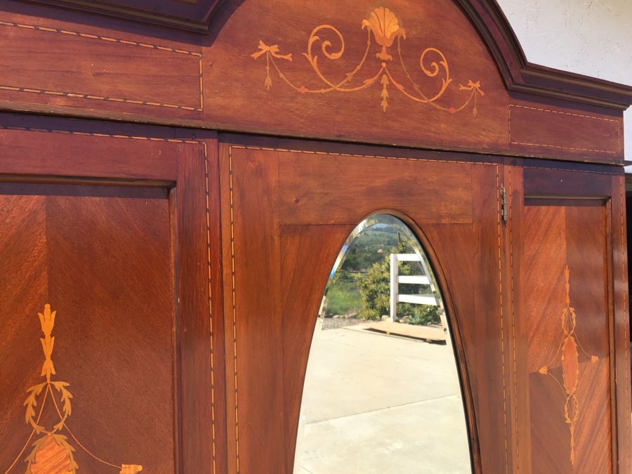 Stunning Antique Armoire Closet With Drawer And Nice Inlay Work Througout Beveled Oval Mirror [Photo 12]