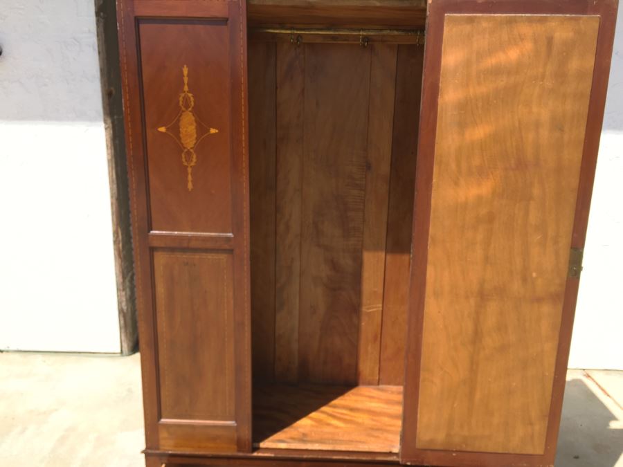Stunning Antique Armoire Closet With Drawer And Nice Inlay Work Througout Beveled Oval Mirror [Photo 27]