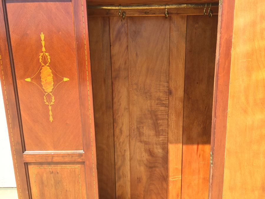 Stunning Antique Armoire Closet With Drawer And Nice Inlay Work Througout Beveled Oval Mirror [Photo 31]