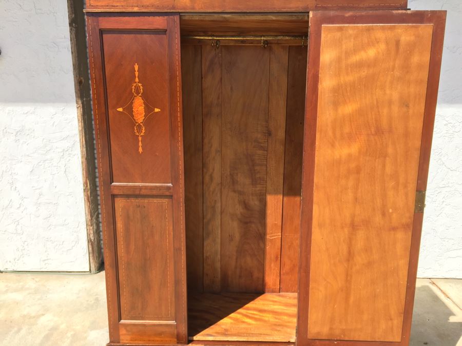 Stunning Antique Armoire Closet With Drawer And Nice Inlay Work Througout Beveled Oval Mirror [Photo 28]