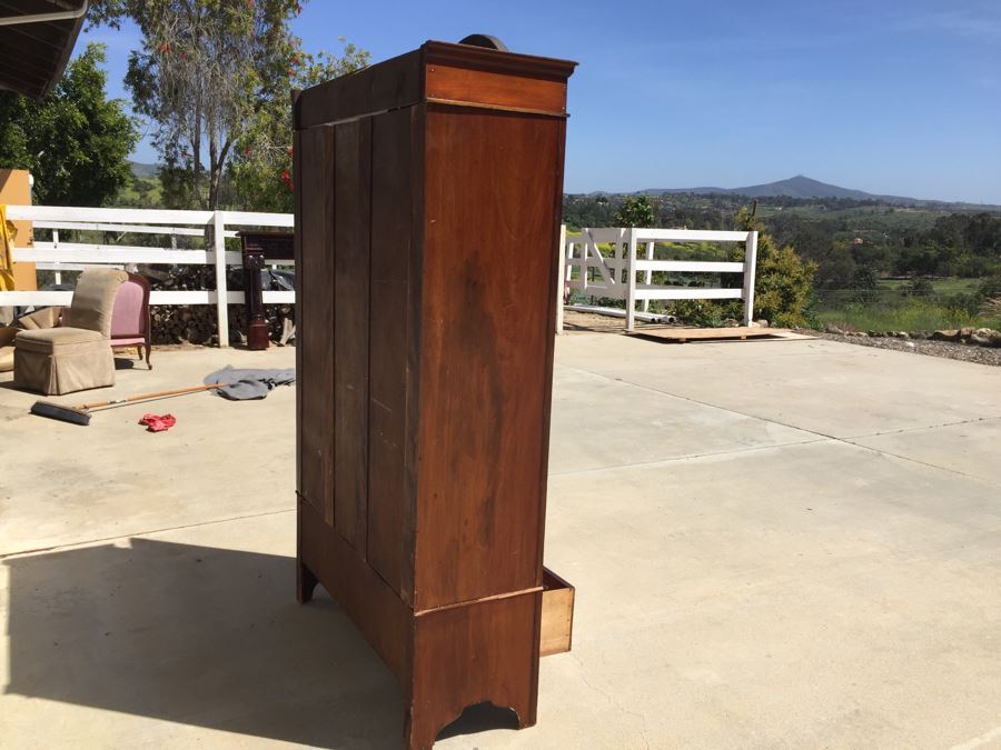 Stunning Antique Armoire Closet With Drawer And Nice Inlay Work Througout Beveled Oval Mirror [Photo 4]