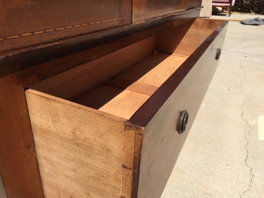 Stunning Antique Armoire Closet With Drawer And Nice Inlay Work Througout Beveled Oval Mirror [Photo 17]