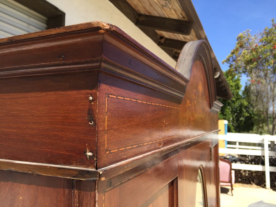 Stunning Antique Armoire Closet With Drawer And Nice Inlay Work Througout Beveled Oval Mirror [Photo 20]