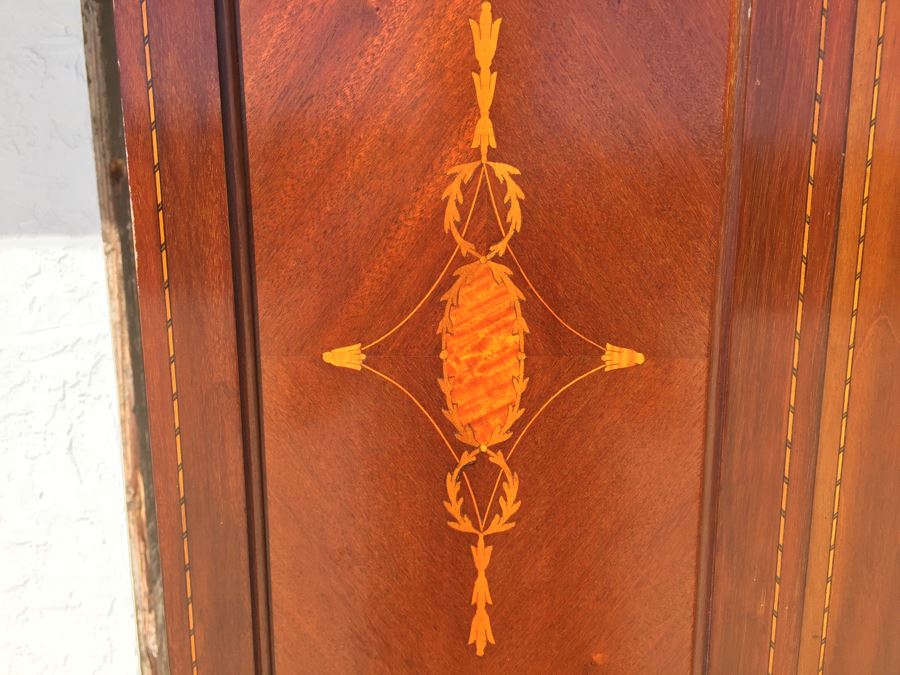 Stunning Antique Armoire Closet With Drawer And Nice Inlay Work Througout Beveled Oval Mirror [Photo 9]