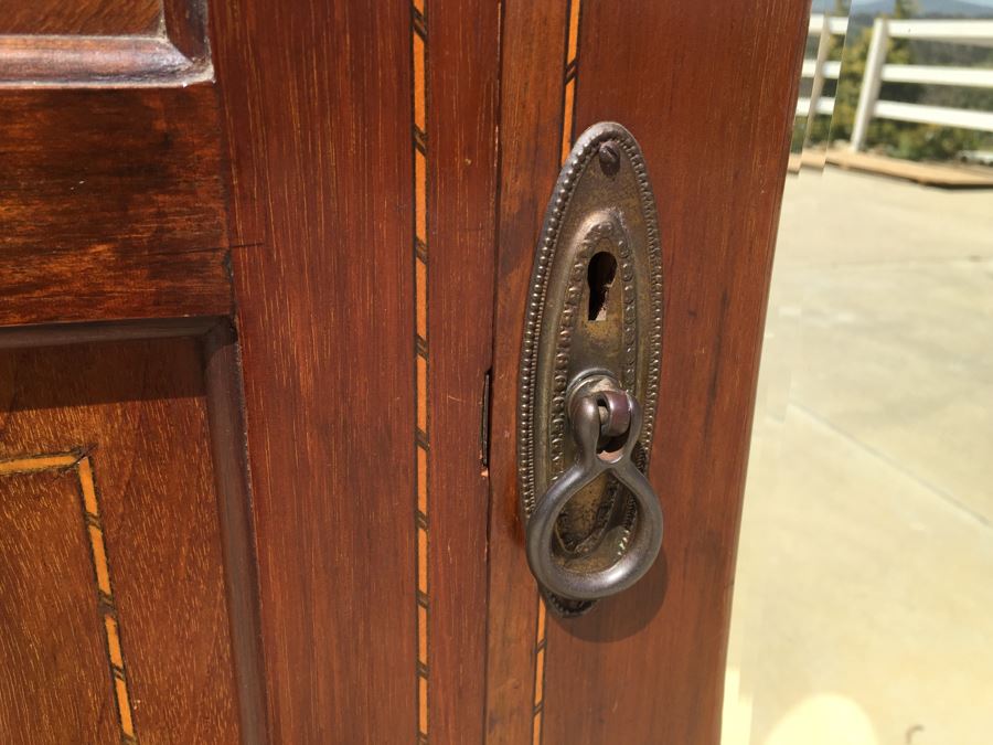 Stunning Antique Armoire Closet With Drawer And Nice Inlay Work Througout Beveled Oval Mirror [Photo 13]
