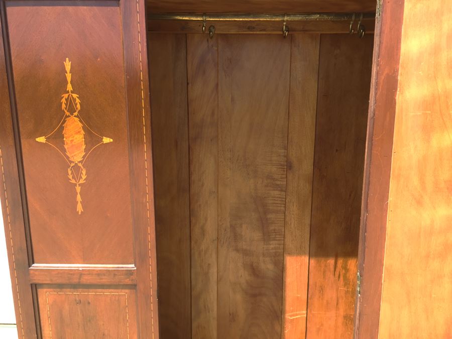 Stunning Antique Armoire Closet With Drawer And Nice Inlay Work Througout Beveled Oval Mirror [Photo 32]