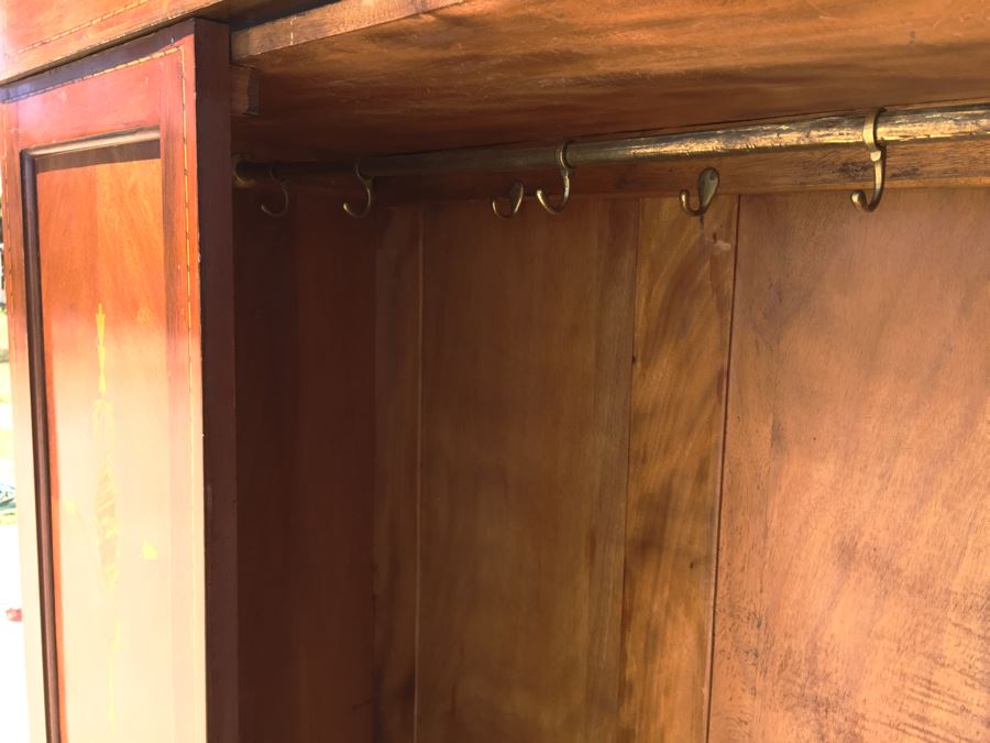 Stunning Antique Armoire Closet With Drawer And Nice Inlay Work Througout Beveled Oval Mirror [Photo 30]