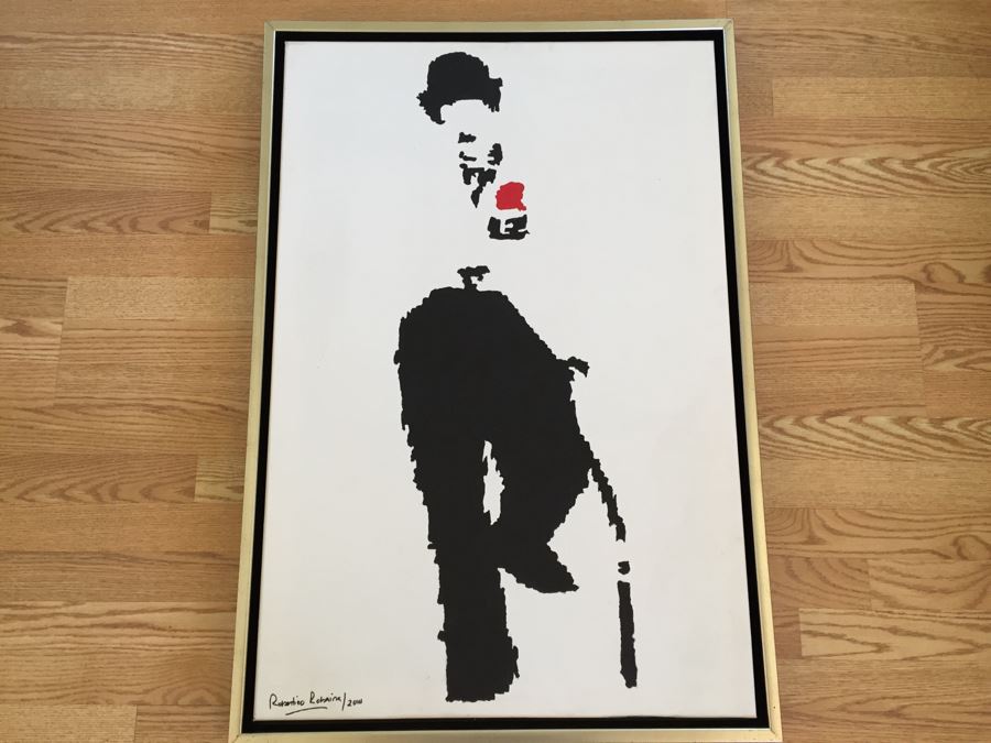 Original Oil Painting Of Charlie Chaplin By Cuban Artist Roberto Robaina On Canvas 100 X 70CM Signed Front And Back