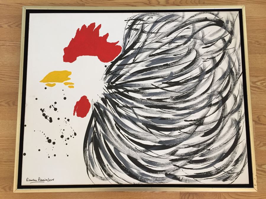 Original Oil Painting Of Rooster Chicken By Cuban Artist Roberto Robaina On Canvas 80 X 100CM Signed Front And Back Titled 'Galleria Cubana' [Photo 1]