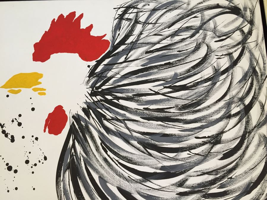 Original Oil Painting Of Rooster Chicken By Cuban Artist Roberto Robaina On Canvas 80 X 100CM Signed Front And Back Titled 'Galleria Cubana' [Photo 5]
