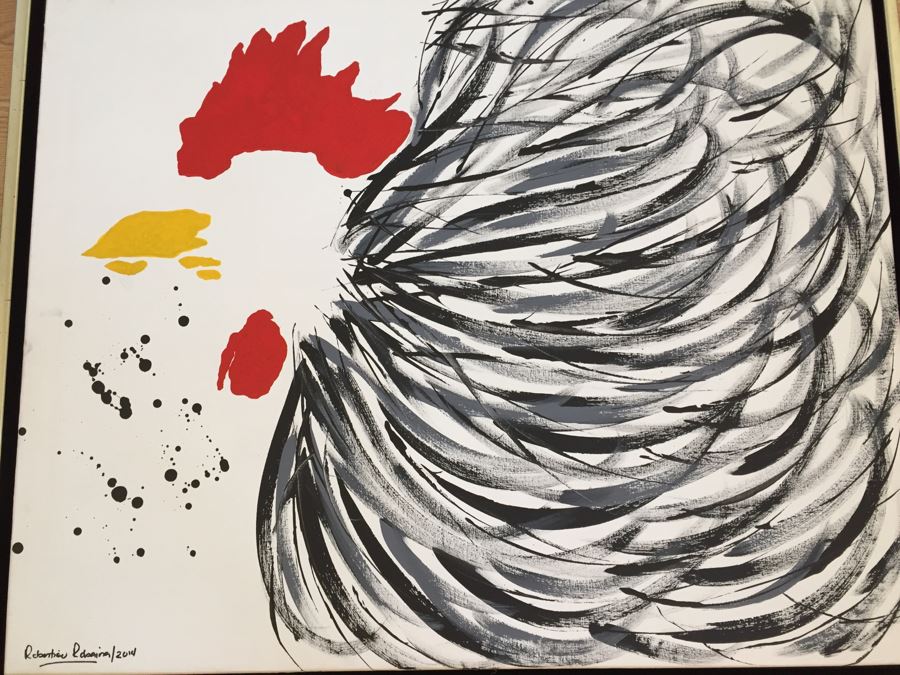 Original Oil Painting Of Rooster Chicken By Cuban Artist Roberto Robaina On Canvas 80 X 100CM Signed Front And Back Titled 'Galleria Cubana' [Photo 4]