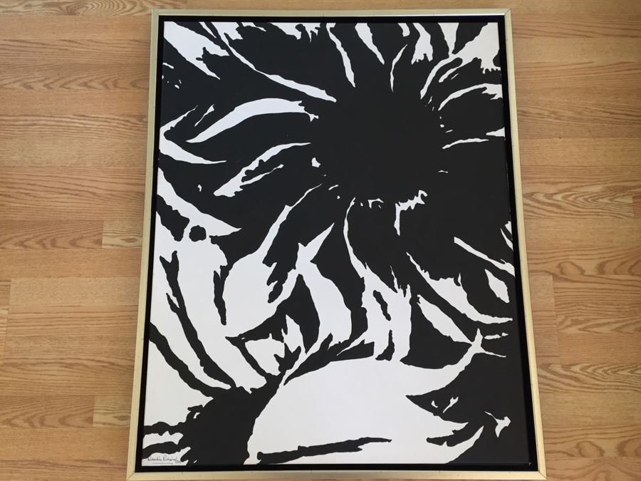 Original B&W Oil Painting Of Sunflowers By Cuban Artist Roberto Robaina On Canvas 100 X 80CM Signed Front And Back [Photo 1]