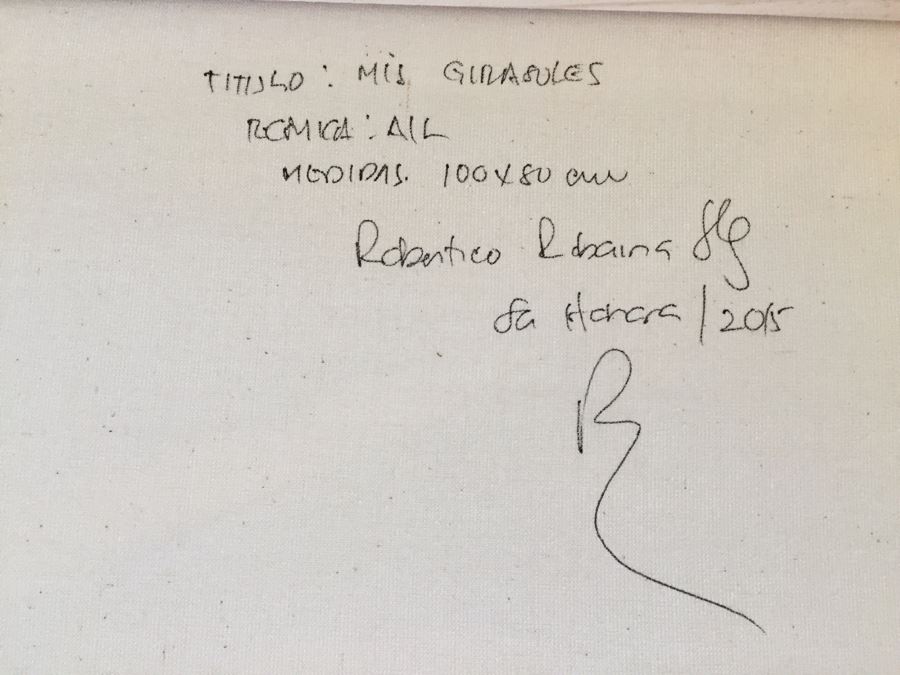 Original B&W Oil Painting Of Sunflowers By Cuban Artist Roberto Robaina On Canvas 100 X 80CM Signed Front And Back [Photo 8]