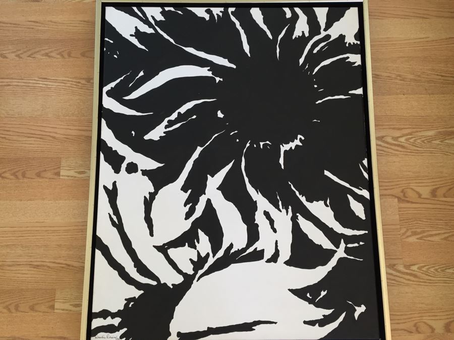 Original B&W Oil Painting Of Sunflowers By Cuban Artist Roberto Robaina On Canvas 100 X 80CM Signed Front And Back [Photo 4]