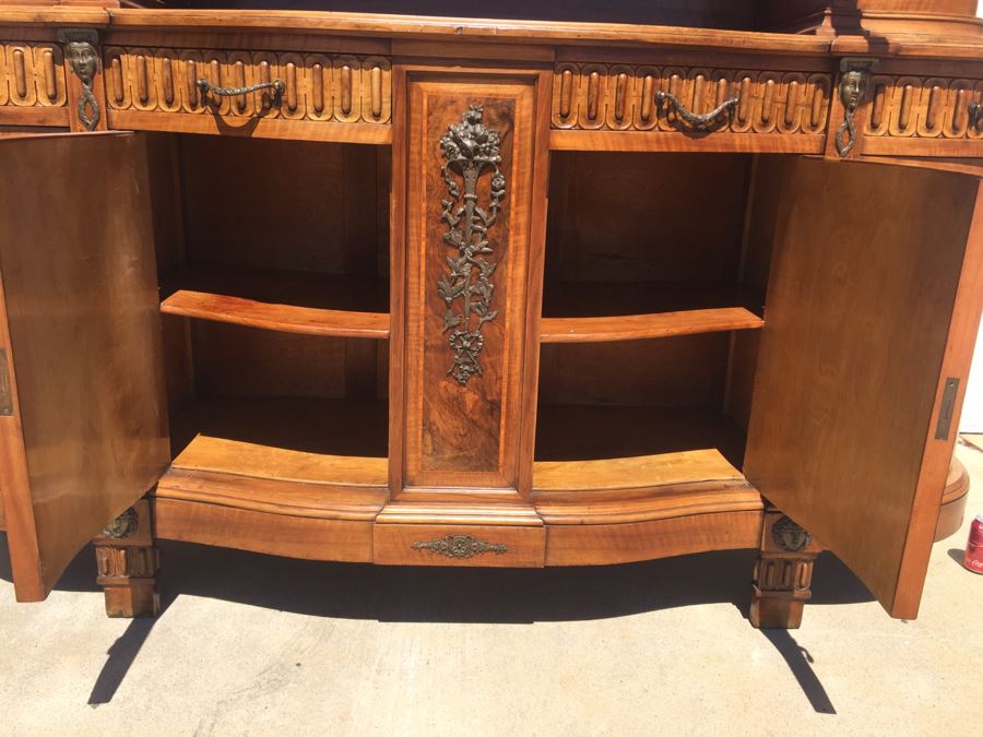 Stunning Antique Sideboard China Cabinet With Hutch Detailed Metalwork, Inlay And Wood Carving [Photo 3]