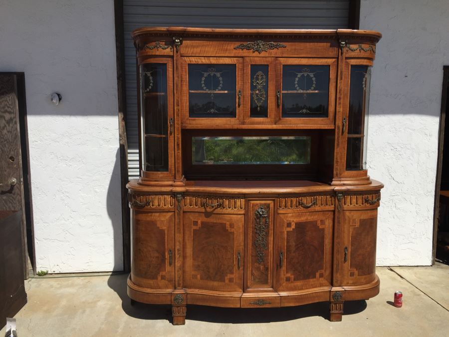 Stunning Antique Sideboard China Cabinet With Hutch Detailed Metalwork, Inlay And Wood Carving [Photo 4]