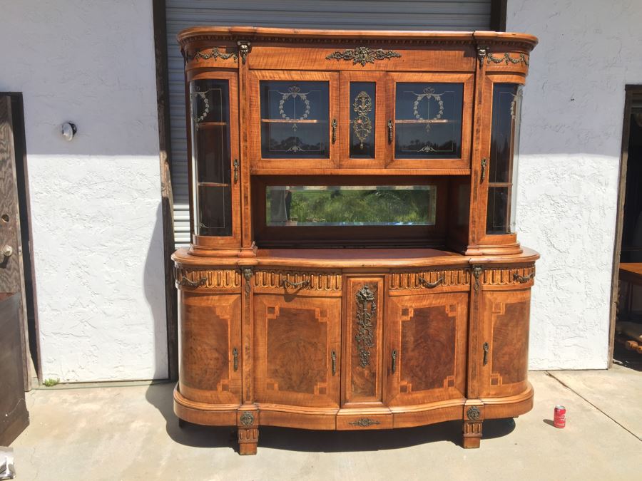 Stunning Antique Sideboard China Cabinet With Hutch Detailed Metalwork, Inlay And Wood Carving [Photo 1]