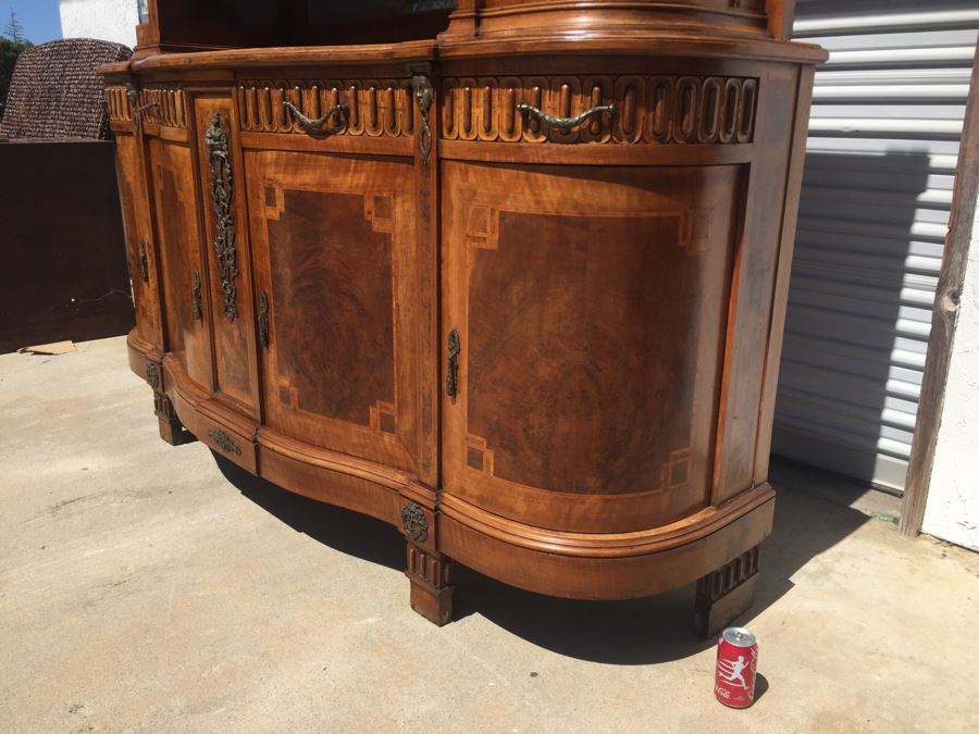 Stunning Antique Sideboard China Cabinet With Hutch Detailed Metalwork, Inlay And Wood Carving [Photo 9]