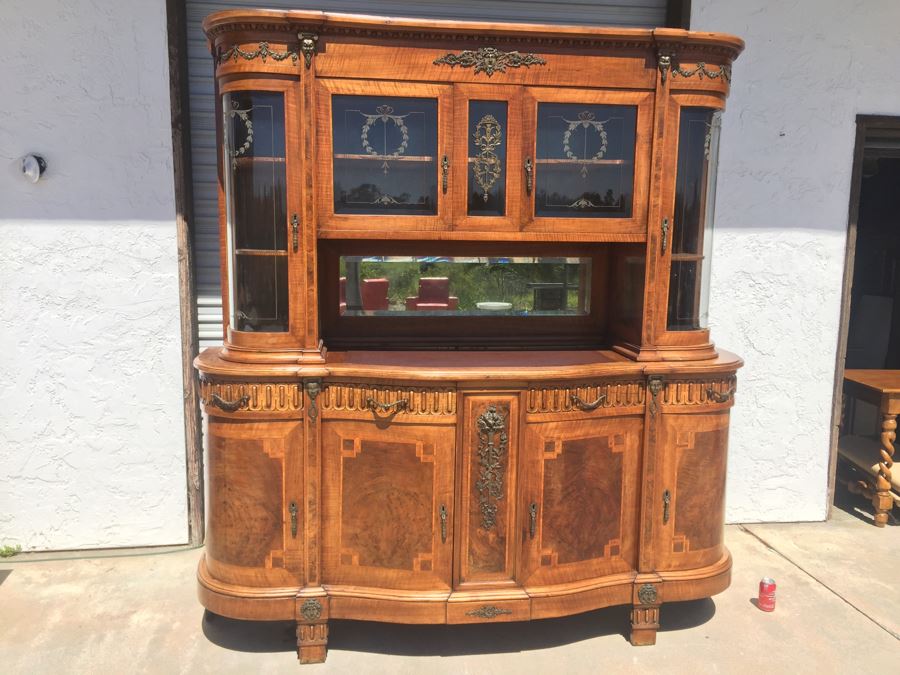 Stunning Antique Sideboard China Cabinet With Hutch Detailed Metalwork, Inlay And Wood Carving [Photo 5]