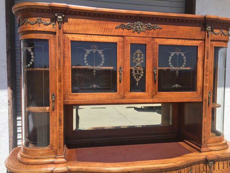 Stunning Antique Sideboard China Cabinet With Hutch Detailed Metalwork, Inlay And Wood Carving [Photo 6]