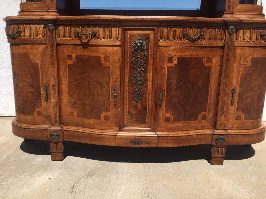 Stunning Antique Sideboard China Cabinet With Hutch Detailed Metalwork, Inlay And Wood Carving [Photo 7]