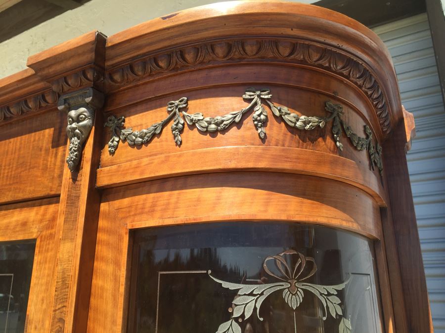 Stunning Antique Sideboard China Cabinet With Hutch Detailed Metalwork, Inlay And Wood Carving [Photo 22]