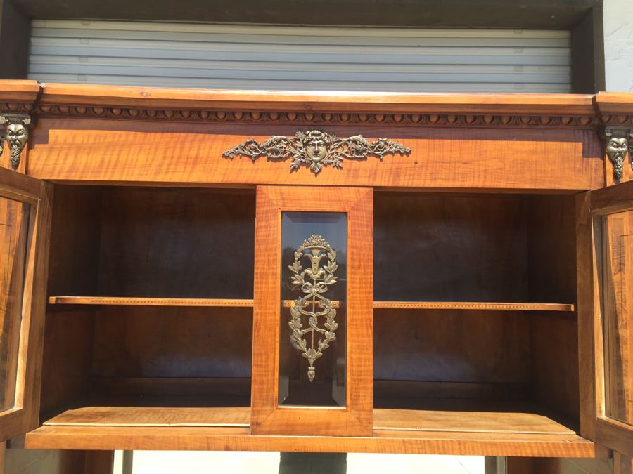Stunning Antique Sideboard China Cabinet With Hutch Detailed Metalwork, Inlay And Wood Carving [Photo 31]