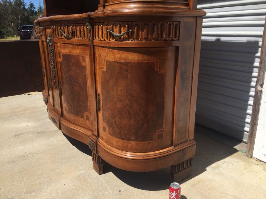 Stunning Antique Sideboard China Cabinet With Hutch Detailed Metalwork, Inlay And Wood Carving [Photo 10]