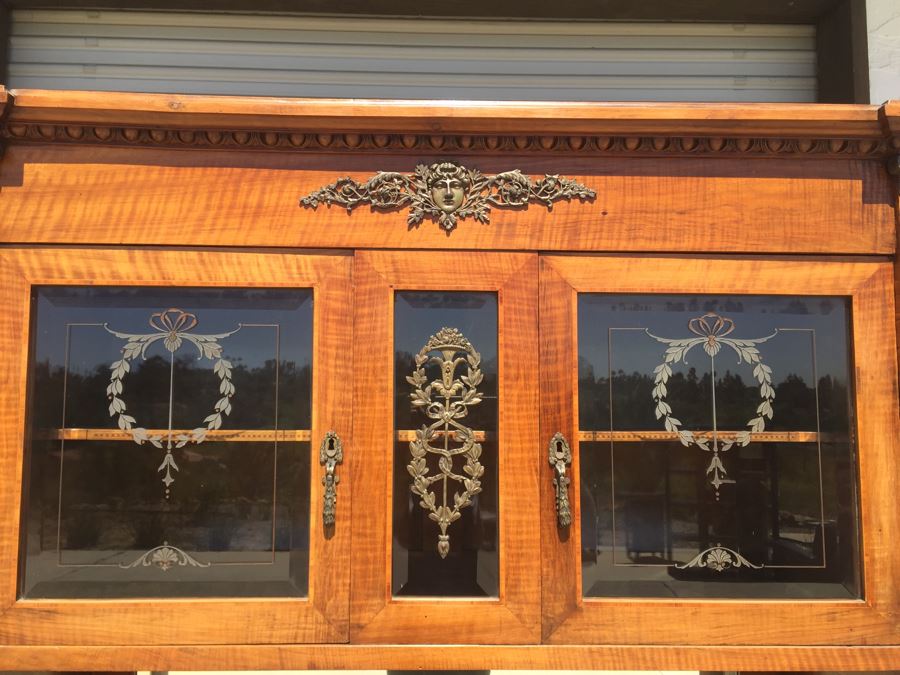 Stunning Antique Sideboard China Cabinet With Hutch Detailed Metalwork, Inlay And Wood Carving [Photo 27]
