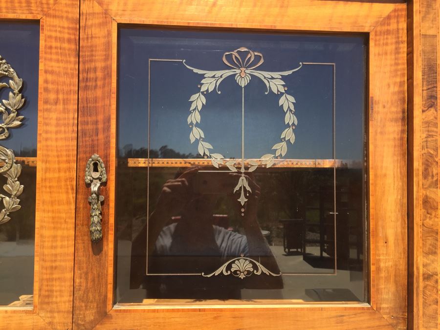 Stunning Antique Sideboard China Cabinet With Hutch Detailed Metalwork, Inlay And Wood Carving [Photo 28]