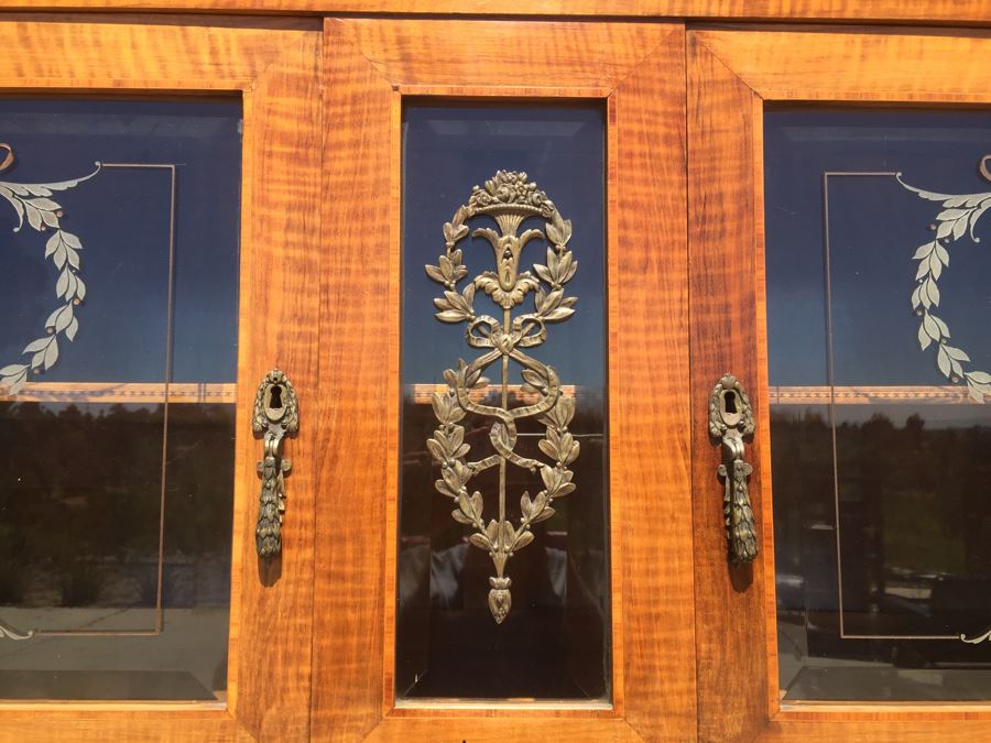 Stunning Antique Sideboard China Cabinet With Hutch Detailed Metalwork, Inlay And Wood Carving [Photo 26]