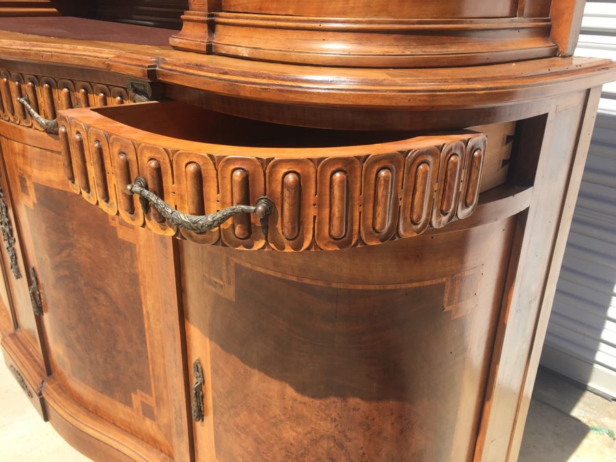 Stunning Antique Sideboard China Cabinet With Hutch Detailed Metalwork, Inlay And Wood Carving [Photo 16]