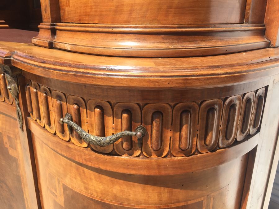Stunning Antique Sideboard China Cabinet With Hutch Detailed Metalwork, Inlay And Wood Carving [Photo 14]