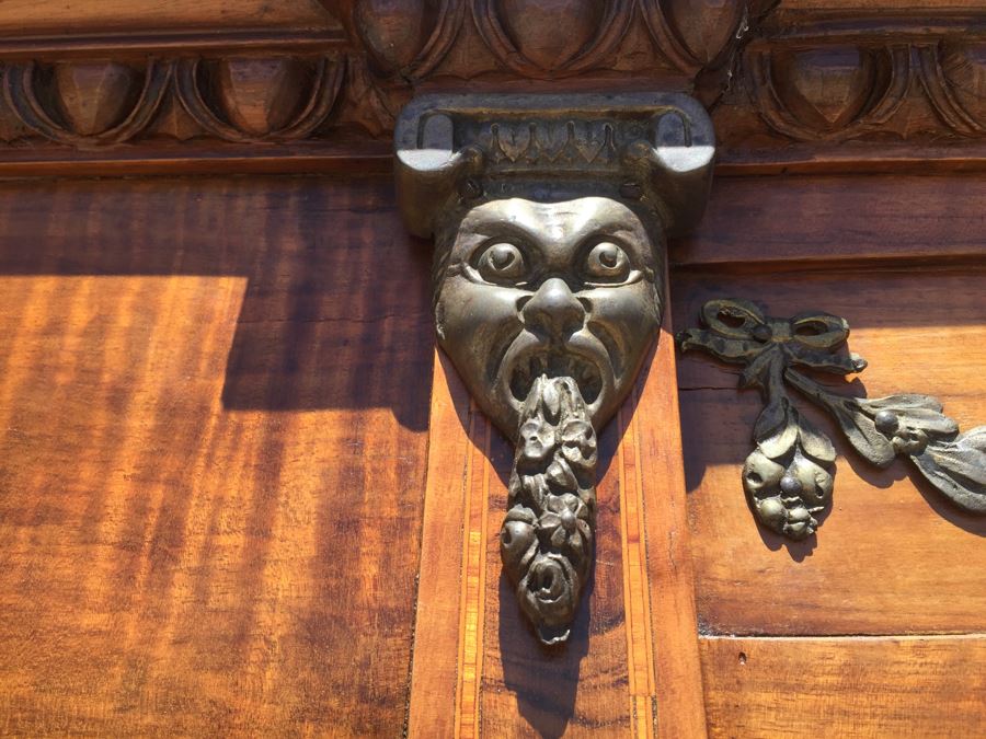 Stunning Antique Sideboard China Cabinet With Hutch Detailed Metalwork, Inlay And Wood Carving [Photo 24]