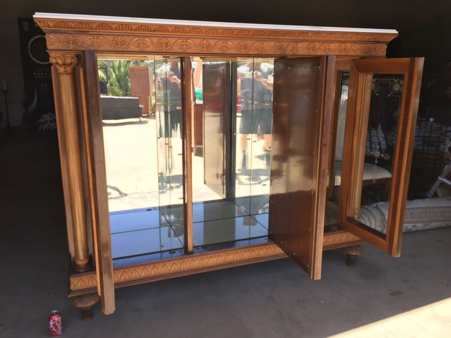 Mirrored Curio Cabinet With Detailed Wood Carving And Marble Top [Photo 17]