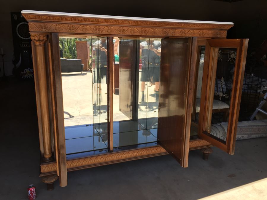 Mirrored Curio Cabinet With Detailed Wood Carving And Marble Top [Photo 15]