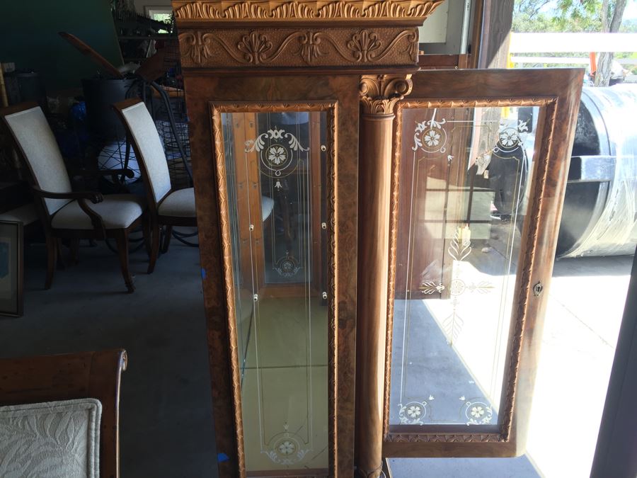 Mirrored Curio Cabinet With Detailed Wood Carving And Marble Top [Photo 21]